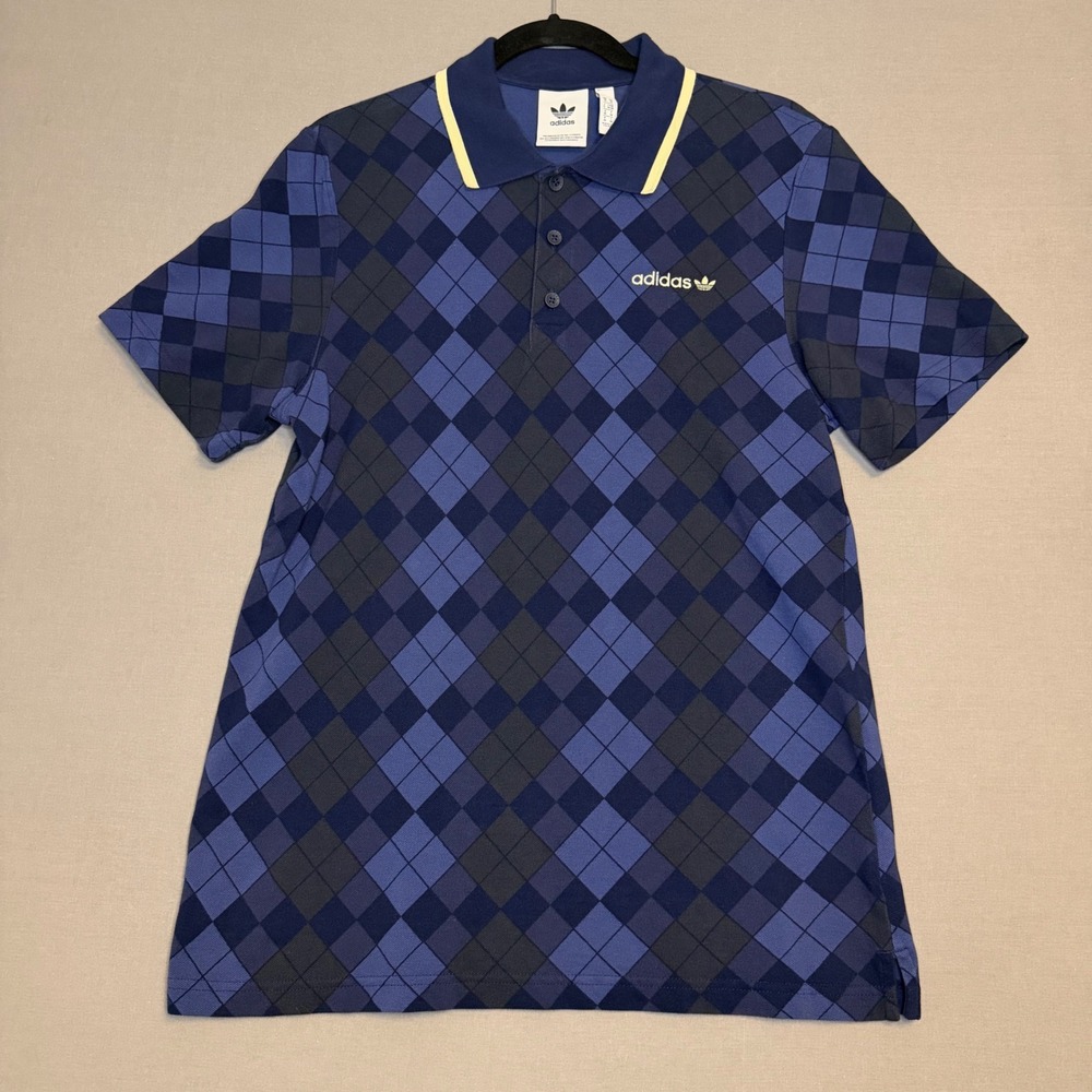 Adidas Originals Mens Argyle Polo Shirt Blue Trefoil Logo Pique Size M